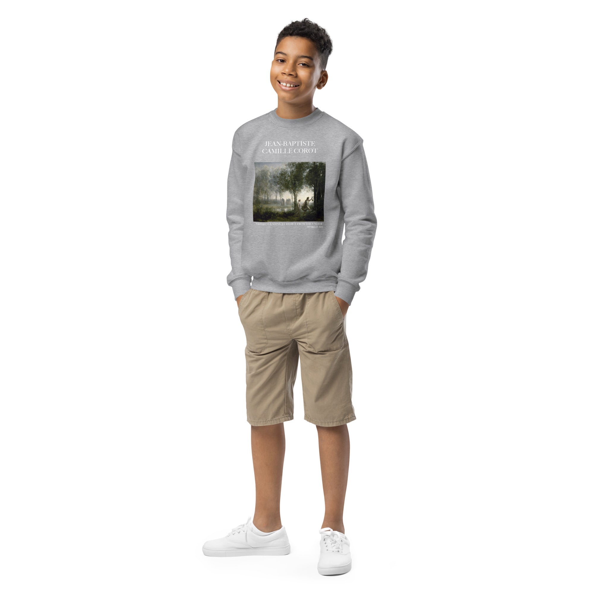 Jean-Baptiste Camille Corot 'Orpheus Leading Eurydice from the Underworld' Famous Painting Crewneck Sweatshirt | Premium Youth Art Sweatshirt