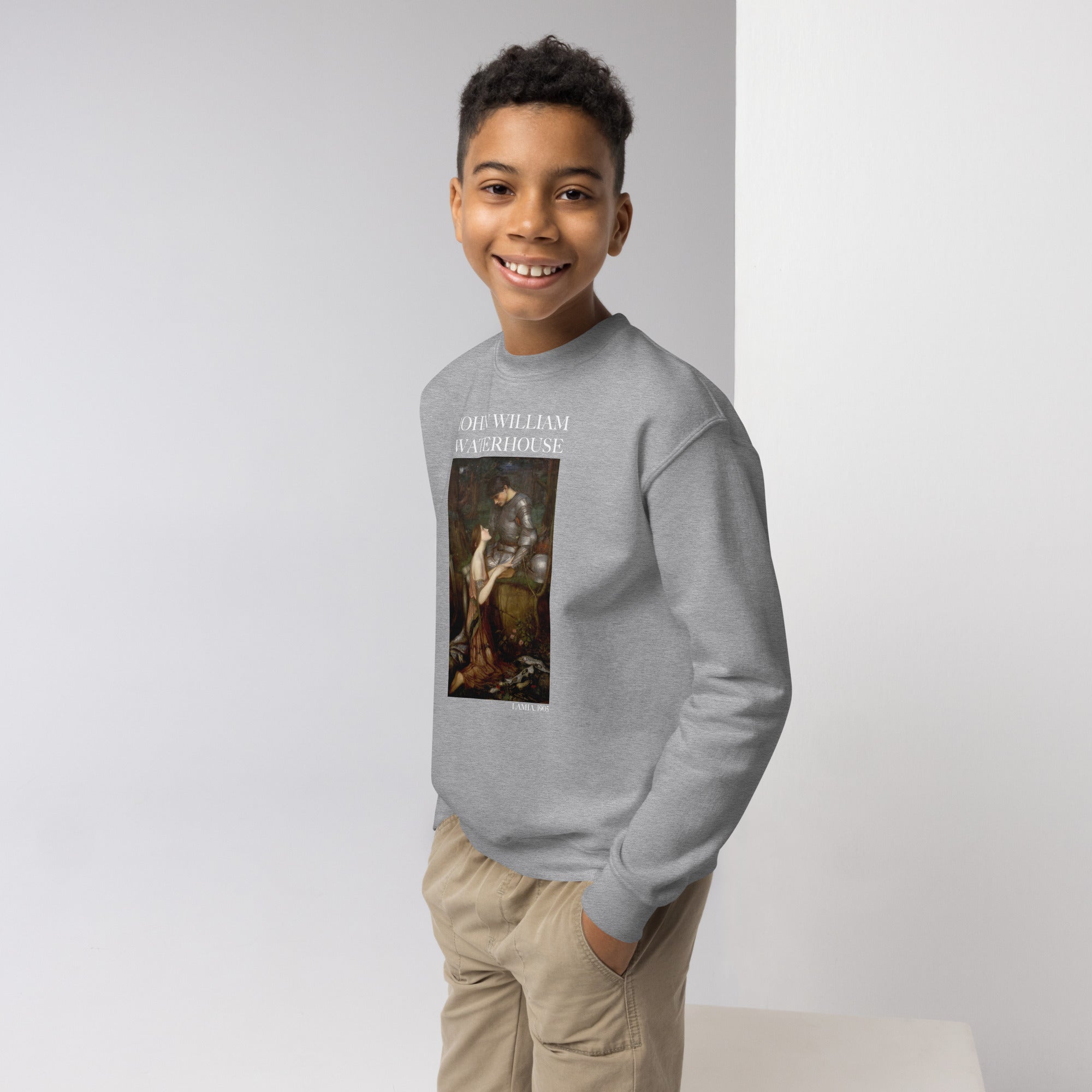 Rundhals-Sweatshirt „Lamia“ von John William Waterhouse, berühmtes Gemälde | Premium-Kunst-Sweatshirt für Jugendliche