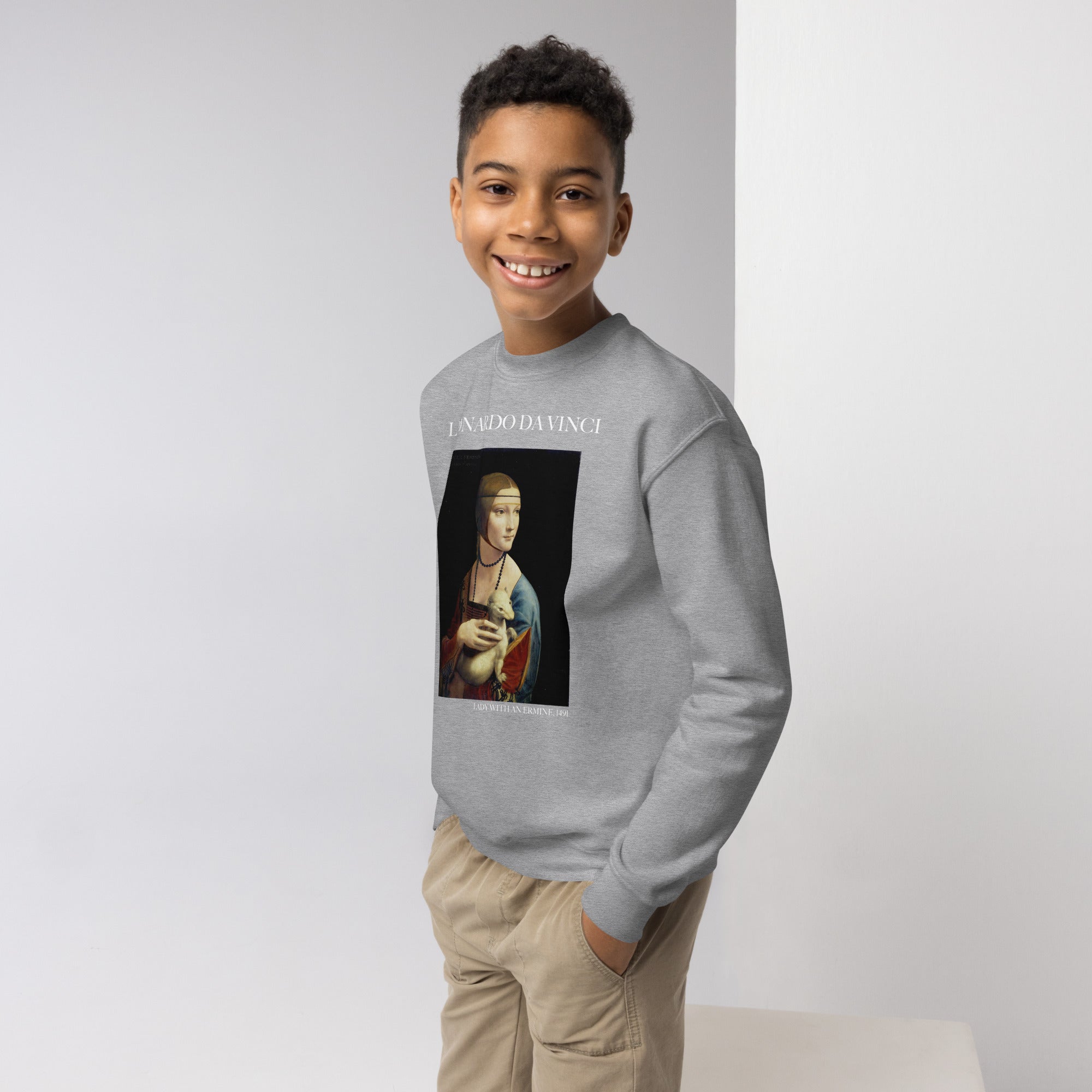 Leonardo da Vinci - Rundhals-Sweatshirt „Die Dame mit dem Hermelin“ - berühmtes Gemälde - Premium-Kunst-Sweatshirt für Jugendliche