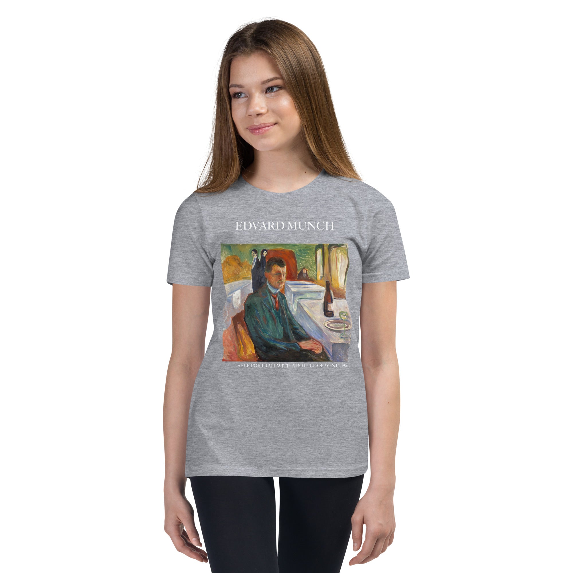 Edvard Munch 'Self-Portrait with a Bottle of Wine' Famous Painting Short Sleeve T-Shirt | Premium Youth Art Tee
