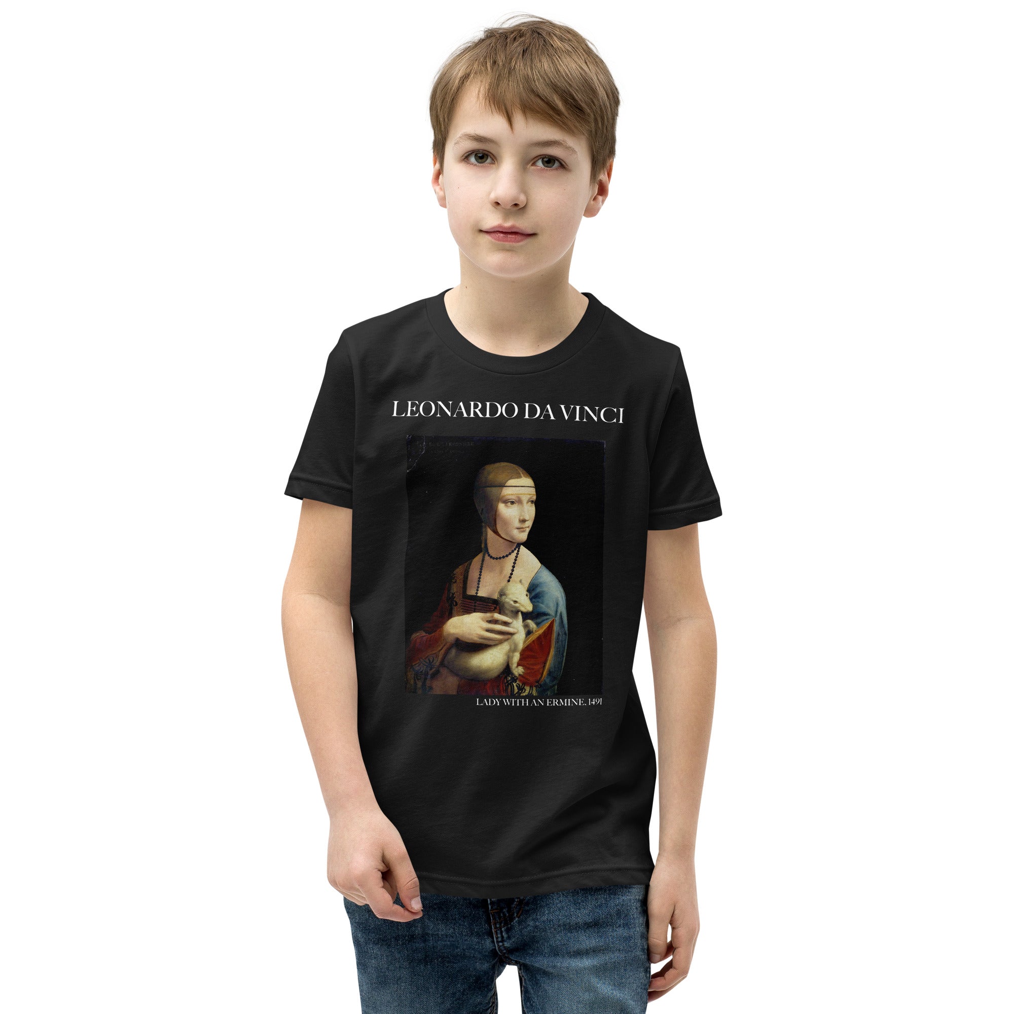 Leonardo da Vinci - Kurzärmeliges T-Shirt „Die Dame mit dem Hermelin“, berühmtes Gemälde | Premium-Kunst-T-Shirt für Jugendliche