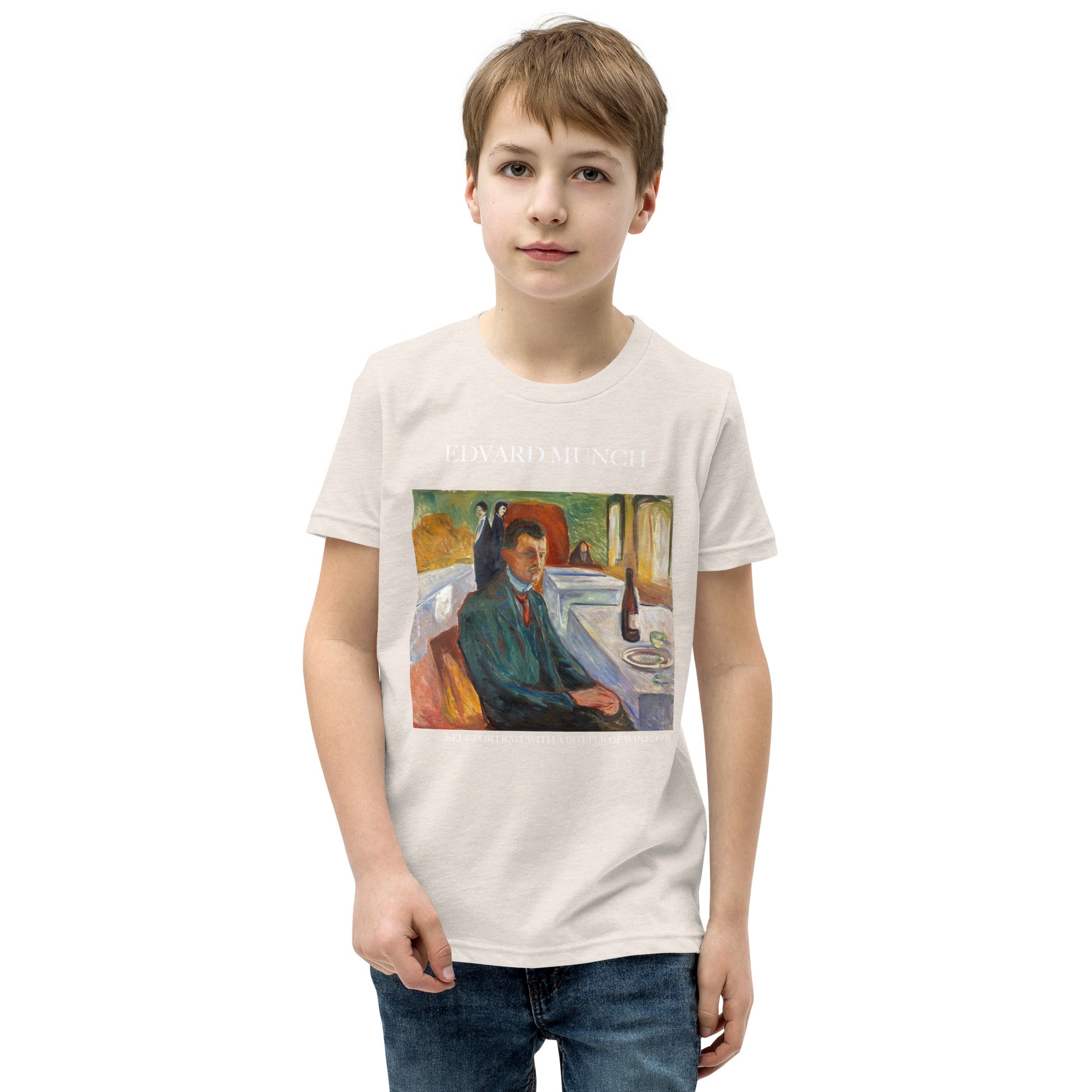 Edvard Munch 'Self-Portrait with a Bottle of Wine' Famous Painting Short Sleeve T-Shirt | Premium Youth Art Tee