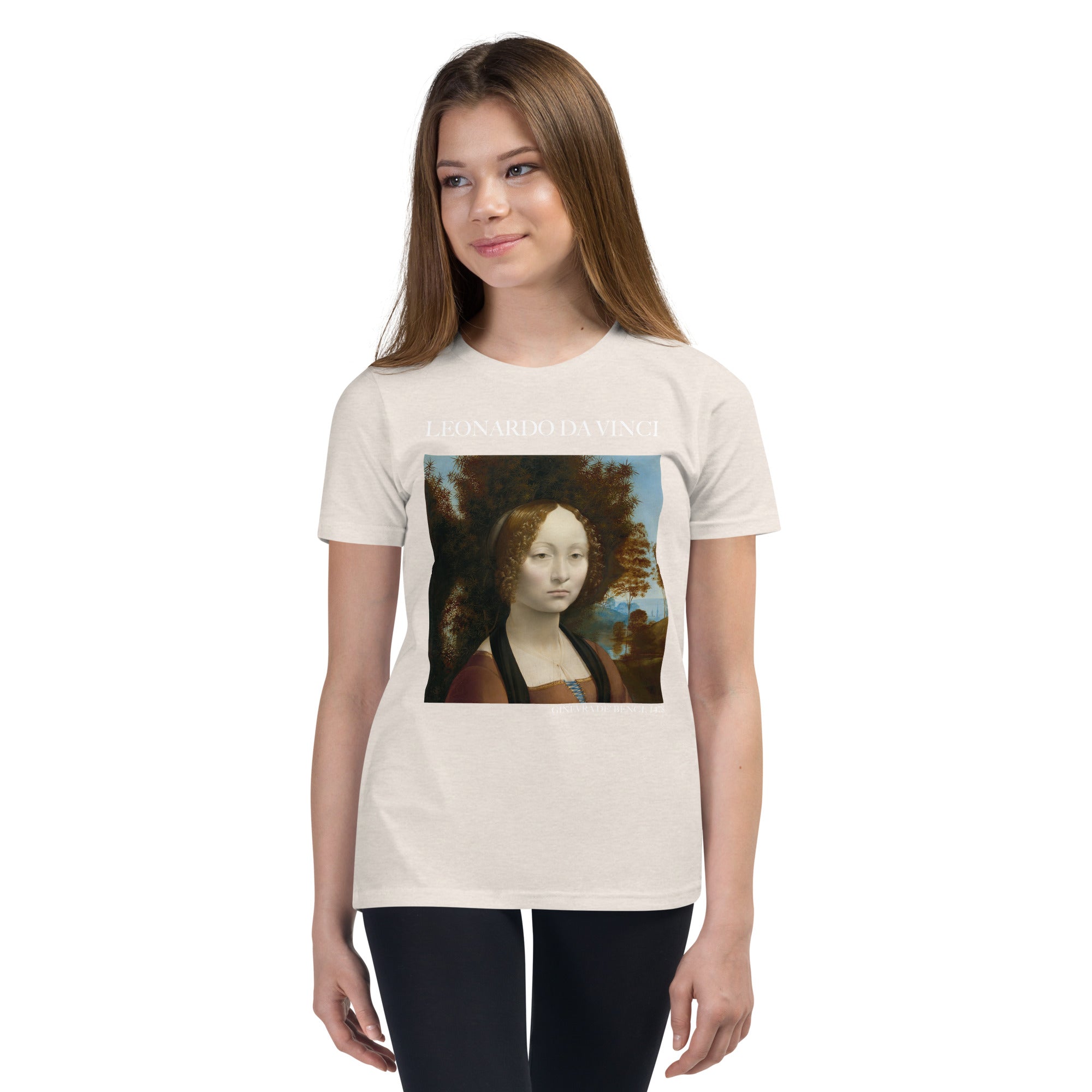 Leonardo da Vinci 'Ginevra de' Benci' Berühmtes Gemälde Kurzärmeliges T-Shirt | Premium Jugend Art T-Shirt